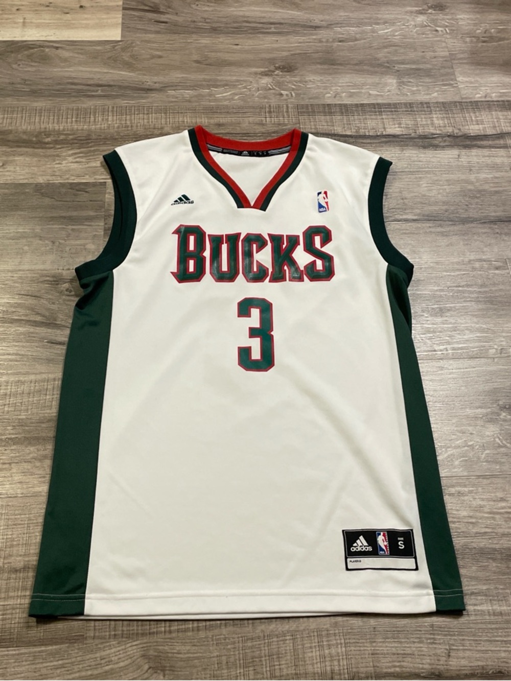 adidas White, Green & Red Milwaukee Bucks Jersey with #3